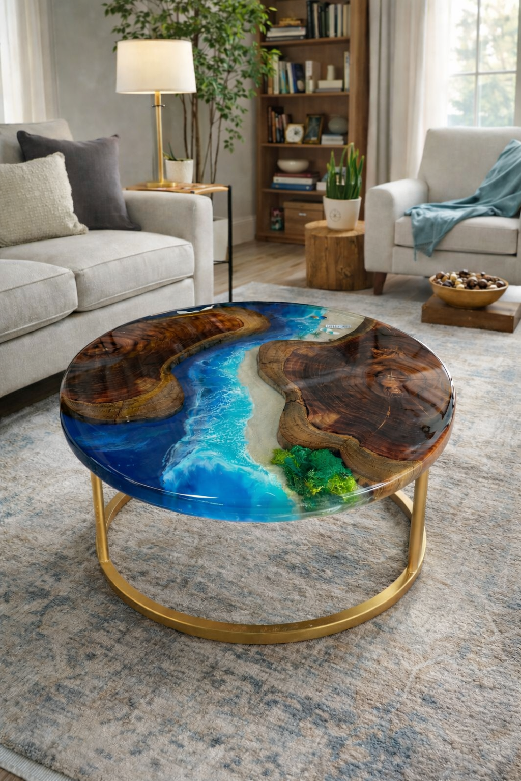 Customised Round Epoxy Resin & Teak Center Table