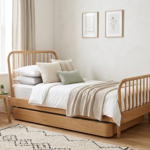 Sante Solid Oak Wood Single Bed Cot with Trundle