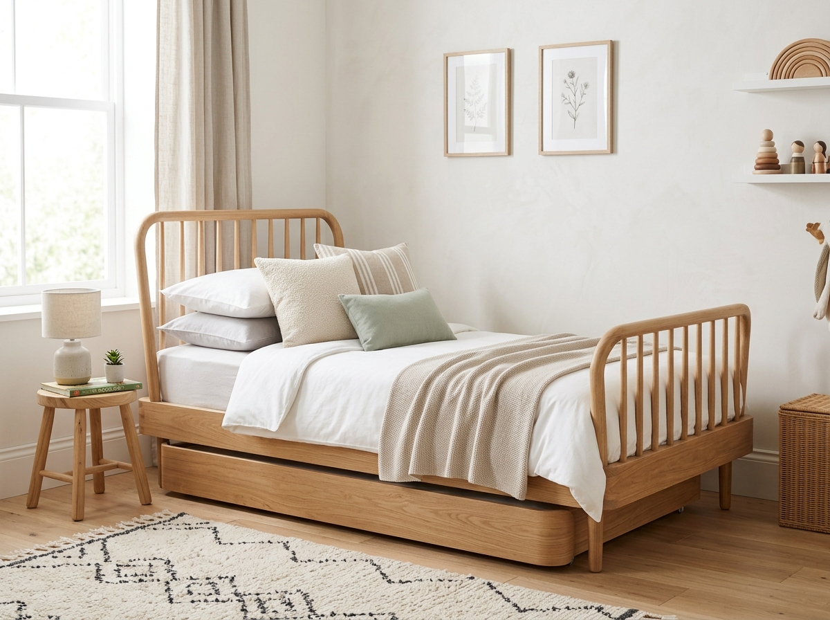Sante Solid Oak Wood Single Bed Cot with Trundle