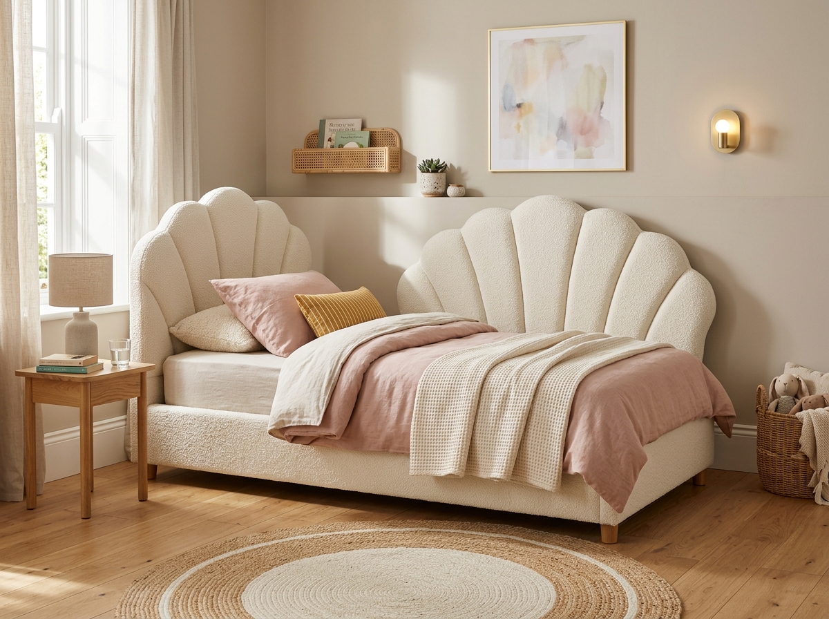 Scallop Seashell Bouclé Upholstered Bed Cot