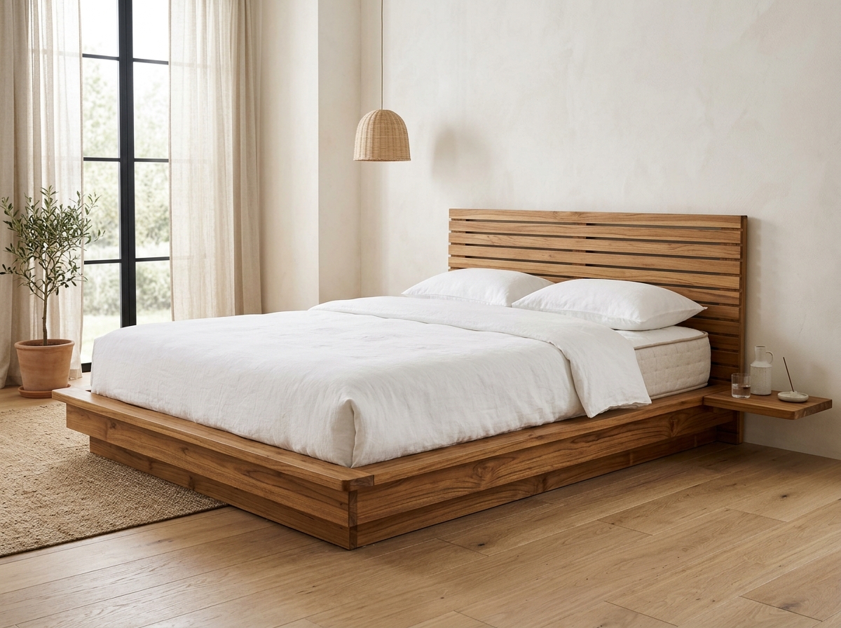 Berlioz Minimalist Solid Teak Platform Bed Cot