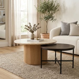 Solstice Nesting Travertine & Fluted Oak Coffee Tables (Set of 2)