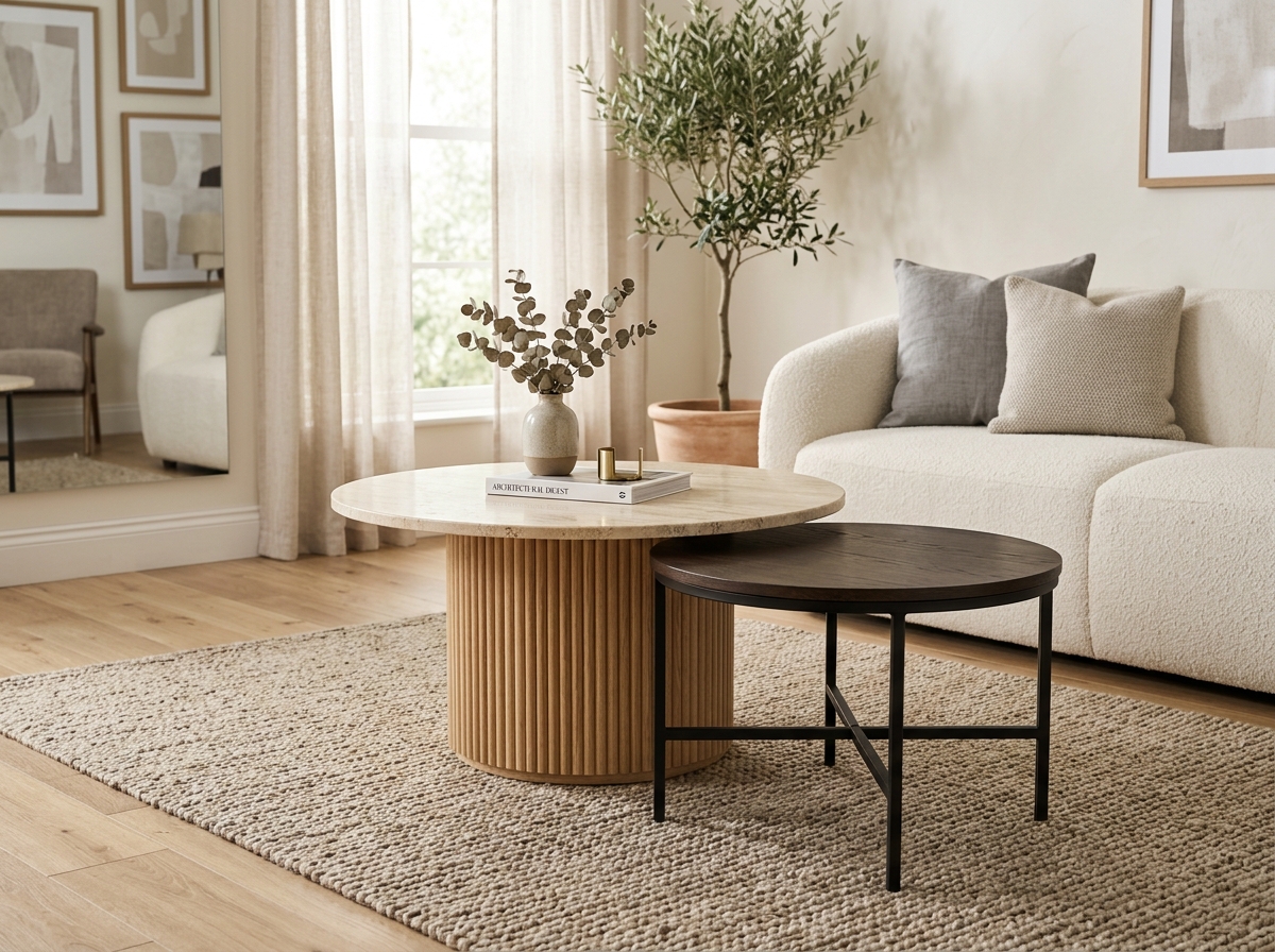 Solstice Nesting Travertine & Fluted Oak Coffee Tables (Set of 2)