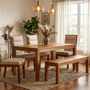 Valence 6-Seater Solid Wood Dining Set with Bench & Chairs