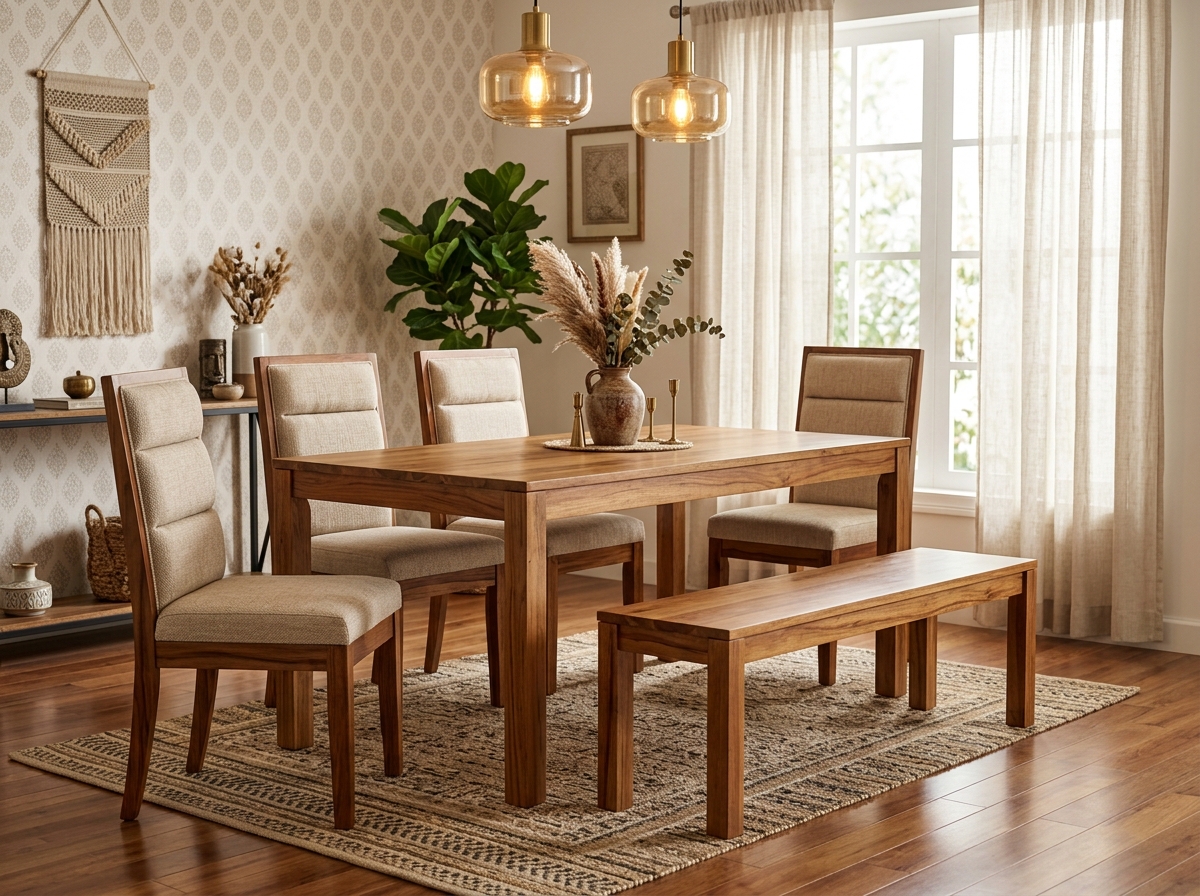 Valence 6-Seater Solid Wood Dining Set with Bench & Chairs
